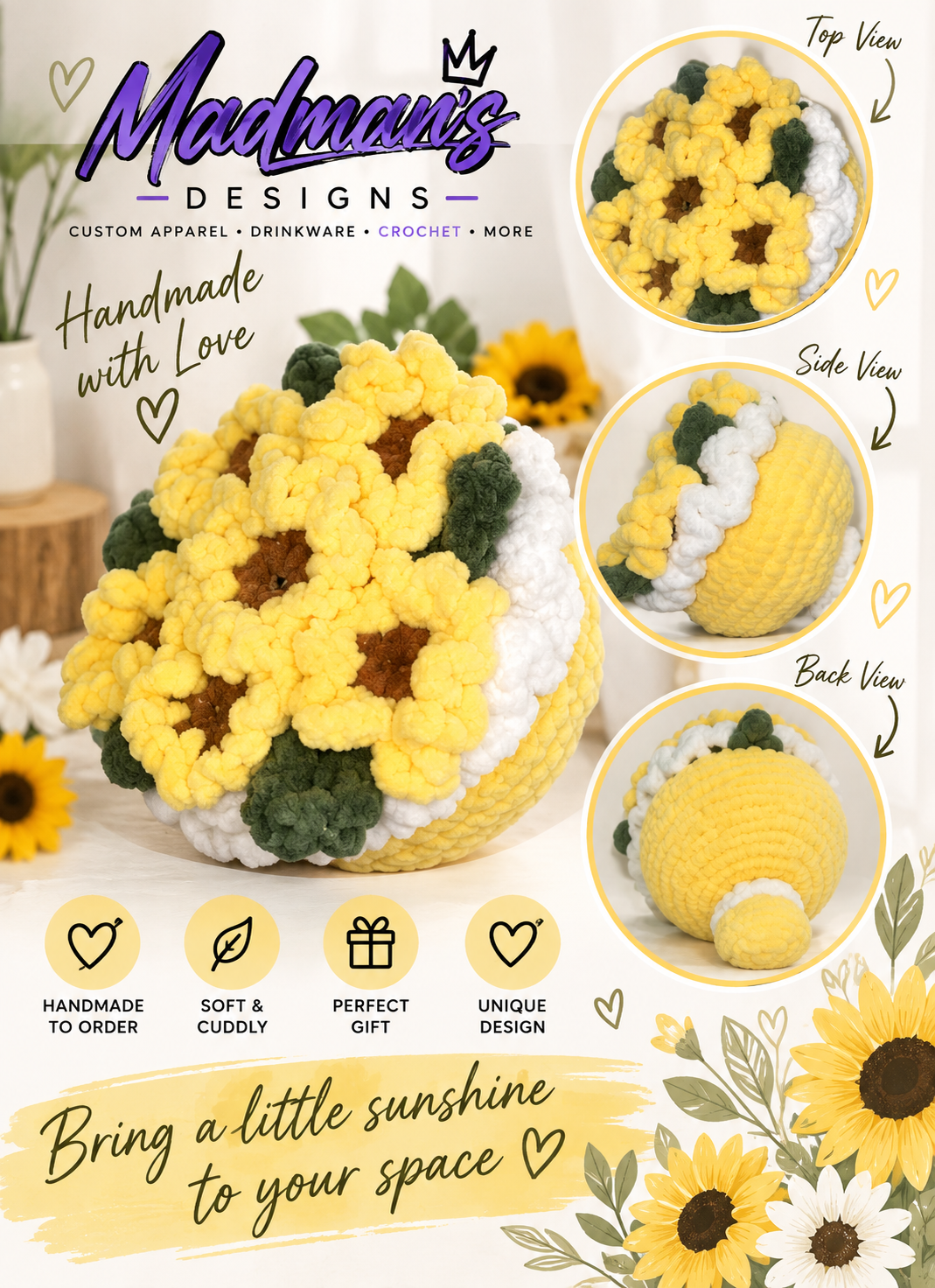 Handmade Crochet Sunflower Plush – Large Floral Décor